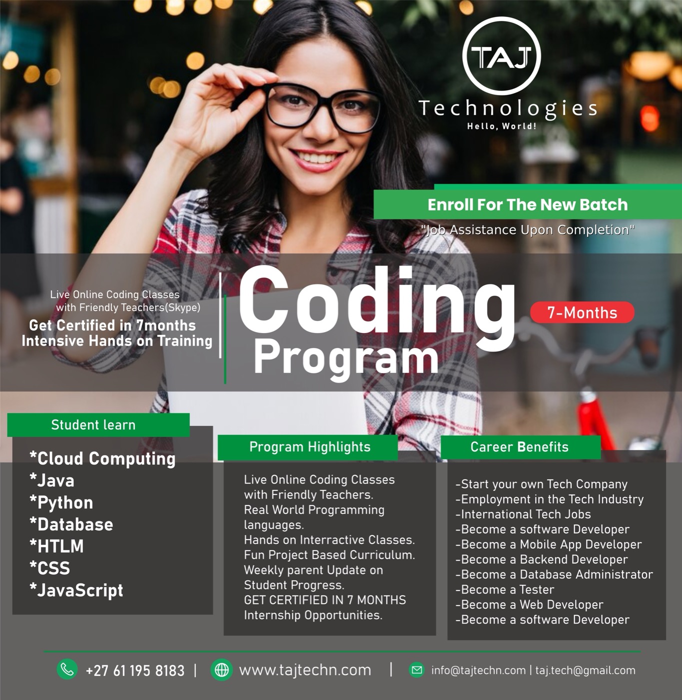 Taj Technologies Coding Program — Enrol for the New Batch. 7-month live online coding classes with certificate, internship and job assistance.